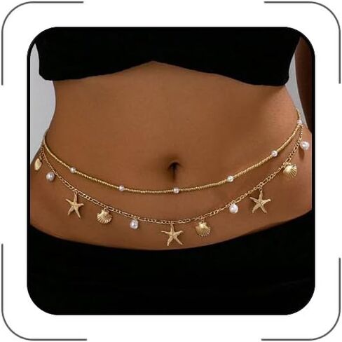 Starfish Mermaid Shell Waist Chain for Women Adjustable Starfish Seashell Pearl Body Chain Starfishes Shell Belt Chains Sexy Bikini Belly Chains Starfishes Arm Cuff Summer Beach Mermaid Costume Accessories in Saudi Arabia