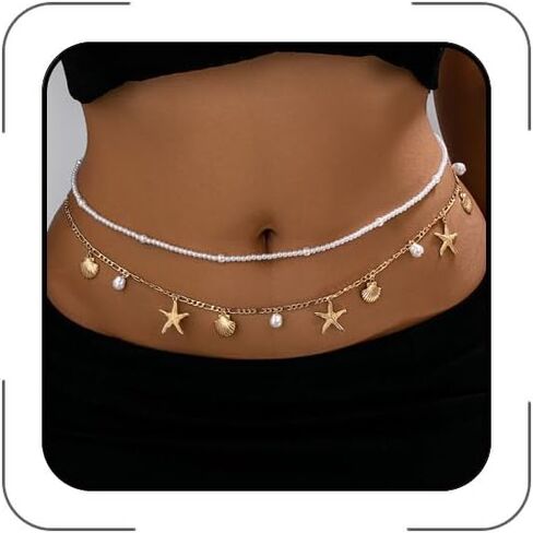 Starfish Mermaid Shell Waist Chain for Women Adjustable Starfish Seashell Pearl Body Chain Starfishes Shell Belt Chains Sexy Bikini Belly Chains Starfishes Arm Cuff Summer Beach Mermaid Costume Accessories in Saudi Arabia