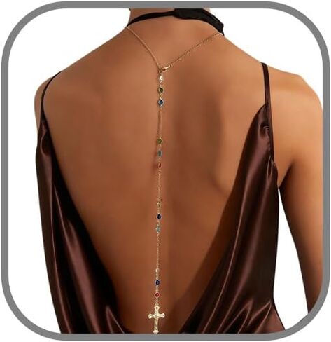 Gold Cross Back Necklace for Women, Dainty Colorful Crystal Y-Shaped Backdrop Chain, Open Back Dress Body Chain Jewelry for Wedding Prom Party in Saudi Arabia