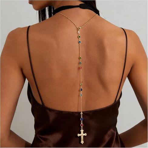 Gold Cross Back Necklace for Women, Dainty Colorful Crystal Y-Shaped Backdrop Chain, Open Back Dress Body Chain Jewelry for Wedding Prom Party in Saudi Arabia