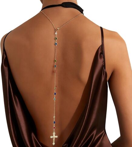 Gold Cross Back Necklace for Women, Dainty Colorful Crystal Y-Shaped Backdrop Chain, Open Back Dress Body Chain Jewelry for Wedding Prom Party in Saudi Arabia