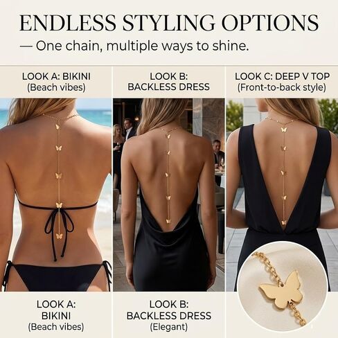 Gold Long Body Chain for Women Sexy Waist Back Body Chain Belly Butterfly Necklace Adjustable Droop Layerd Bohemia Back Jewelry Gifts for Women in Saudi Arabia