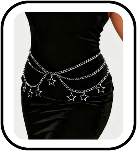 Gothic Star Waist Chain for Women Punk Layered Tassel Body Chain Adjustable Hip Hop Belly Chains 14k Gold Plated Layered Body Chains Lightweight Celestial Pendant Jewelry Rave Party Festival Jewelry in Saudi Arabia