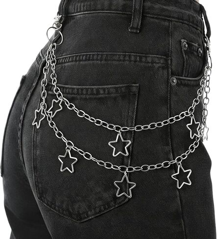 Punk Star Pants Chain Silver Double Layer Jean Chain Belt Wallet Chain for Women Men, Y2K Goth Hip Hop Grunge Waist Chain Bag Chain Emo Jeans Accessories in Saudi Arabia