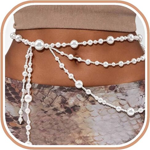 ALEXTINA Vintage Pearl Waist Chain Layered Belly Chain for Women Adjustable Body Chain Beach Jewelry Bikini Waist Beads Dainty Summer Accessories Gift in Kuwait