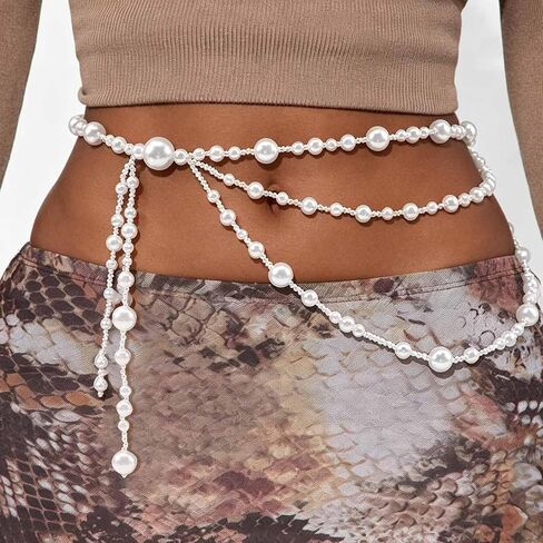 ALEXTINA Vintage Pearl Waist Chain Layered Belly Chain for Women Adjustable Body Chain Beach Jewelry Bikini Waist Beads Dainty Summer Accessories Gift in Kuwait