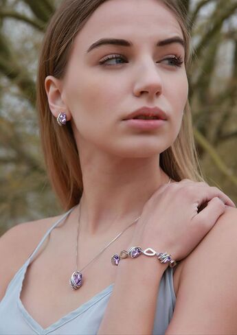 Leafael Wish Stone قلادة، أقراط مسمارية، ومجموعة مجوهرات سوار للنساء، جوهرة ميلاد يونيو الكسندريت مجوهرات كريستال أرجوانية فاتحة، هدايا فضية اللون للنساء in Kuwait