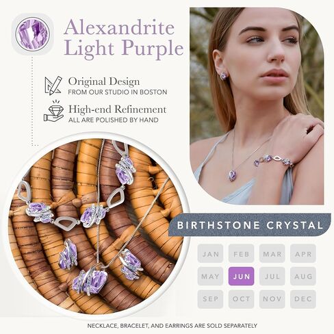 Leafael Wish Stone قلادة، أقراط مسمارية، ومجموعة مجوهرات سوار للنساء، جوهرة ميلاد يونيو الكسندريت مجوهرات كريستال أرجوانية فاتحة، هدايا فضية اللون للنساء in Kuwait