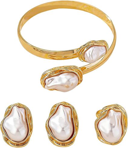 Gold 3-Piece Beach Jewelry Set – Minimalist Ring, Stud Earrings & Adjustable Bangle – Lightweight Summer Accessory for Women, Perfect for Vacation, Travel & Beach Outfits in Saudi Arabia