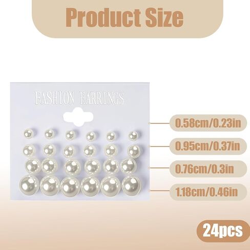 24 Pairs Pearl Earrings Set, Large Faux Pearl Stud Earrings Jewelry, White Beige Pearl Earrings Gift for Bridal Wedding Engagement Party in Saudi Arabia