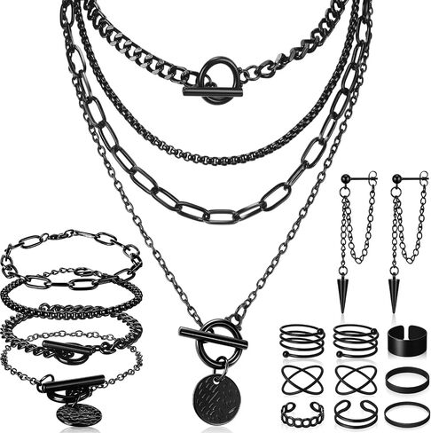 Liliaafar 12 Pcs Goth Black Punk Jewelry Set Vintage Stackable Rings Gothic Steel Black Spike Earrings Layered Chain Coin Medallion Pendant Choker Necklace Bracelets Adjustable Accessories for Women in Kuwait