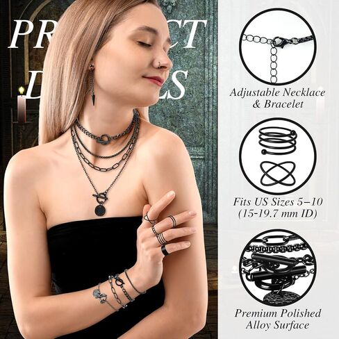 Liliaafar 12 Pcs Goth Black Punk Jewelry Set Vintage Stackable Rings Gothic Steel Black Spike Earrings Layered Chain Coin Medallion Pendant Choker Necklace Bracelets Adjustable Accessories for Women in Kuwait