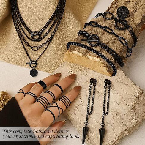 Liliaafar 12 Pcs Goth Black Punk Jewelry Set Vintage Stackable Rings Gothic Steel Black Spike Earrings Layered Chain Coin Medallion Pendant Choker Necklace Bracelets Adjustable Accessories for Women in Kuwait