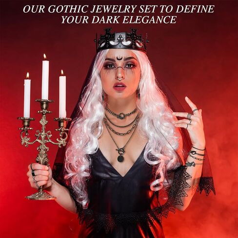 Liliaafar 12 Pcs Goth Black Punk Jewelry Set Vintage Stackable Rings Gothic Steel Black Spike Earrings Layered Chain Coin Medallion Pendant Choker Necklace Bracelets Adjustable Accessories for Women in Kuwait