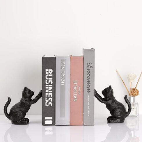 Cat Decorative Bookends for Shelf, Cute Book End to Hold Books, Cast Iron Book Ends for Desk Office, Vintage Antique Gold Home Decor, Shelf Decoration, Modern Living Room Decor-Matte Black in Saudi Arabia