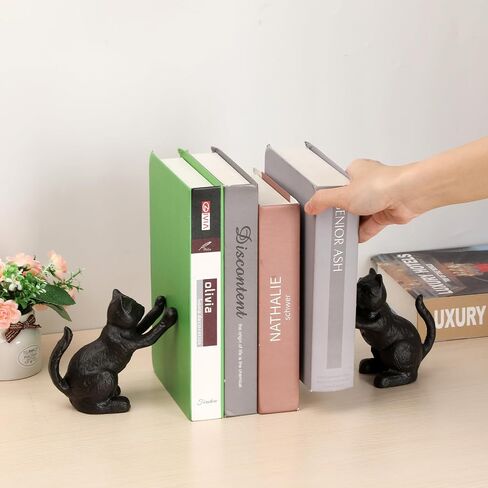 Cat Decorative Bookends for Shelf, Cute Book End to Hold Books, Cast Iron Book Ends for Desk Office, Vintage Antique Gold Home Decor, Shelf Decoration, Modern Living Room Decor-Matte Black in Saudi Arabia