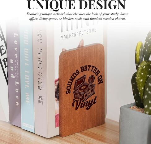 Gifts for Vinyl Record Lovers, Bookends for Vinyl Records, Vinyl Record Storage, Novelty Bookends Unique, Heavy Duty Wooden Book Ends for Shelves Decorative(1 Pair, 4.72x6.69 Inches) in Kuwait
