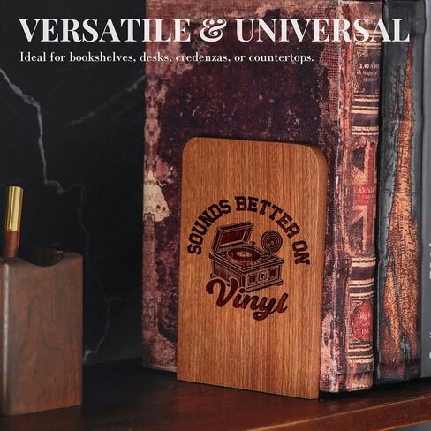 Gifts for Vinyl Record Lovers, Bookends for Vinyl Records, Vinyl Record Storage, Novelty Bookends Unique, Heavy Duty Wooden Book Ends for Shelves Decorative(1 Pair, 4.72x6.69 Inches) in Kuwait