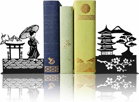 Black Metal Japanese Anime Book Ends, Japanese Decorative Art Accessories for Bookshelves Home Office Living Room Bedroom, Cool Unique Gift for Women Kids and Reading Enthusiasts in Saudi Arabia