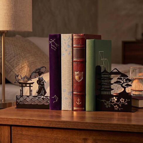 Black Metal Japanese Anime Book Ends, Japanese Decorative Art Accessories for Bookshelves Home Office Living Room Bedroom, Cool Unique Gift for Women Kids and Reading Enthusiasts in Saudi Arabia
