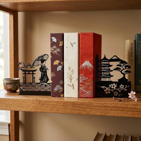 Black Metal Japanese Anime Book Ends, Japanese Decorative Art Accessories for Bookshelves Home Office Living Room Bedroom, Cool Unique Gift for Women Kids and Reading Enthusiasts in Saudi Arabia