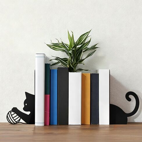 Metal Cat Decorative Bookends, Cute Cat Book Ends for Shelves, Heavy Duty Metal Book Stoppers for Desk, Home Office & Bookshelf Decor, Decorative Gift for Cat Lovers,1 Pair, Black in Saudi Arabia