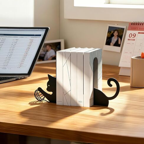 Metal Cat Decorative Bookends, Cute Cat Book Ends for Shelves, Heavy Duty Metal Book Stoppers for Desk, Home Office & Bookshelf Decor, Decorative Gift for Cat Lovers,1 Pair, Black in Saudi Arabia