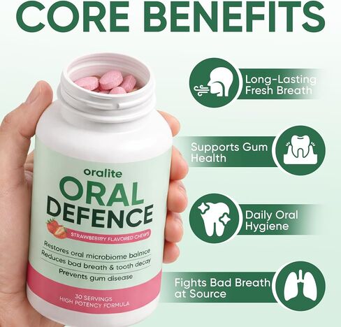 ARSYCHLL Oracare Oral Defence, Oral Probiotics Supplement for Bad Breath & Gum Care. Fresh Breath, Gum Health & Daily Hygiene Support, Dry Mouth, Strawberry Flavor, 60 Lozenges (1) in Kuwait