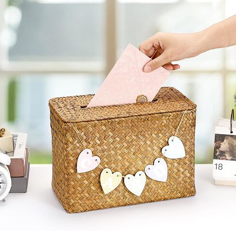 Hipiwe Handwoven Decorative Wedding Card Basket Card Receiving Box with Slot for Bridal Shower Retirement Anniversaries Decorative Card Holder, Caramel Color in Saudi Arabia