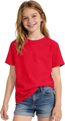 Auranso Girls Shirts Short Sleeve Cotton Kids T-Shirts Plain Basic Tee Clothes Summer Tops for Girls 7-8 Years Red in Saudi Arabia