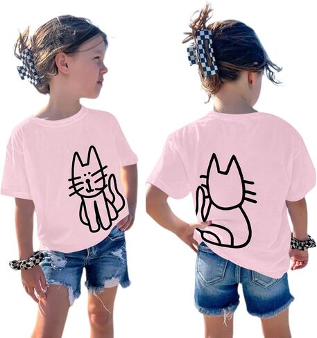 تي شيرت لطيف على شكل قطة للفتيات تي شيرت برسومات جرافيك للأطفال Kawaii مطبوع عليه حيوانات كرتونية تي شيرت كاجوال من القطن بياقة دائرية للصيف in Kuwait