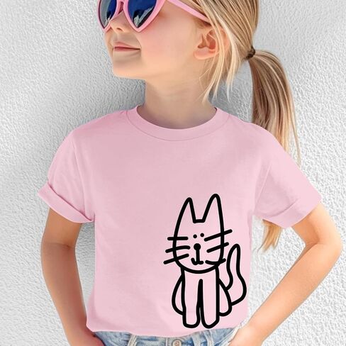 تي شيرت لطيف على شكل قطة للفتيات تي شيرت برسومات جرافيك للأطفال Kawaii مطبوع عليه حيوانات كرتونية تي شيرت كاجوال من القطن بياقة دائرية للصيف in Kuwait