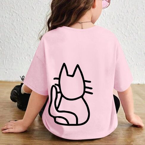 تي شيرت لطيف على شكل قطة للفتيات تي شيرت برسومات جرافيك للأطفال Kawaii مطبوع عليه حيوانات كرتونية تي شيرت كاجوال من القطن بياقة دائرية للصيف in Kuwait
