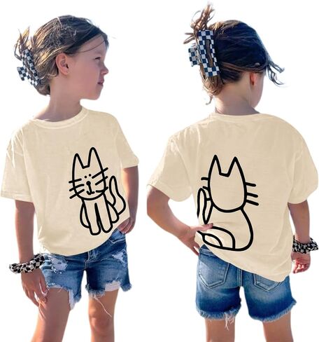 تي شيرت لطيف على شكل قطة للفتيات تي شيرت برسومات جرافيك للأطفال Kawaii مطبوع عليه حيوانات كرتونية تي شيرت كاجوال من القطن بياقة دائرية للصيف in Kuwait