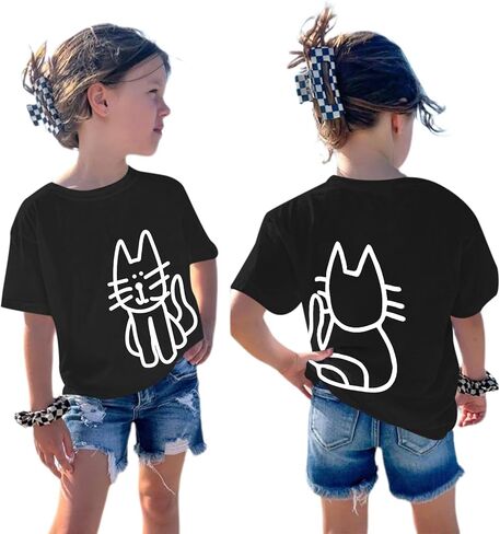 تي شيرت لطيف على شكل قطة للفتيات تي شيرت برسومات جرافيك للأطفال Kawaii مطبوع عليه حيوانات كرتونية تي شيرت كاجوال من القطن بياقة دائرية للصيف in Kuwait