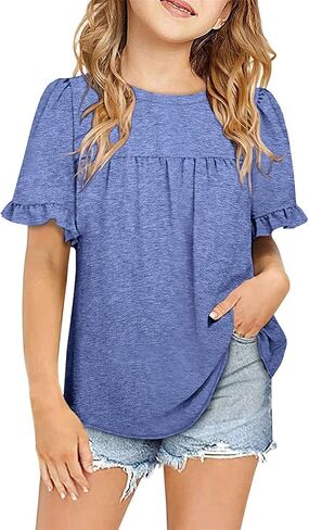ZDC Girls Ruffle Short Sleeve Top Flowy Crewneck Basic Tee Summer Blouse in Saudi Arabia