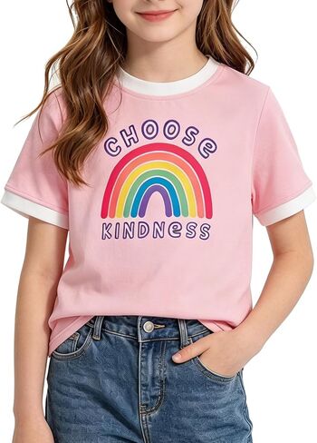 Kids4ever Girls T Shirts 7-14Y Kids Fashion Color Block Graphic Tees Summer Crewneck Casual Tops for Daily & Party in Saudi Arabia