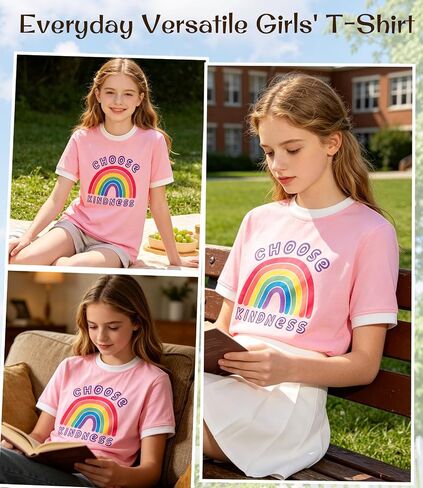 Kids4ever Girls T Shirts 7-14Y Kids Fashion Color Block Graphic Tees Summer Crewneck Casual Tops for Daily & Party in Kuwait