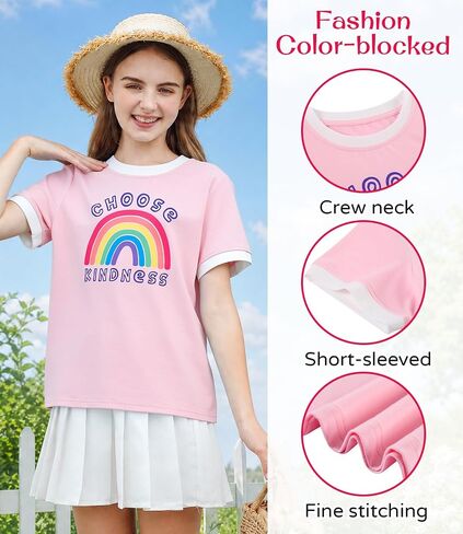 Kids4ever Girls T Shirts 7-14Y Kids Fashion Color Block Graphic Tees Summer Crewneck Casual Tops for Daily & Party in Kuwait