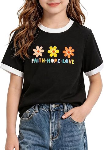 Kids4ever Girls T Shirts 7-14Y Kids Fashion Color Block Graphic Tees Summer Crewneck Casual Tops for Daily & Party in Kuwait