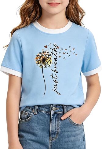 Kids4ever Girls T Shirts 7-14Y Kids Fashion Color Block Graphic Tees Summer Crewneck Casual Tops for Daily & Party in Kuwait