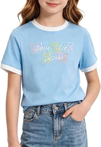 Kids4ever Girls T Shirts 7-14Y Kids Fashion Color Block Graphic Tees Summer Crewneck Casual Tops for Daily & Party in Kuwait