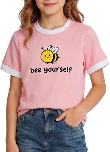 Kids4ever Girls T Shirts 7-14Y Kids Fashion Color Block Graphic Tees Summer Crewneck Casual Tops for Daily & Party in Kuwait