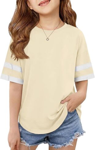 ZDC Girls Striped Short Sleeve T Shirts Kids Crewneck Loose Fit Tunic Tops Summer Tees Blouses 5-14 Years in Saudi Arabia