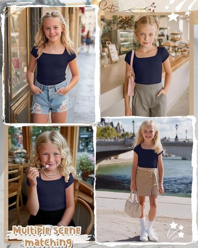 Ficerd Girls Cap Sleeve T Shirts Kids Ribbed Knit Square Neck Short Sleeve Tees Summer Slim Fit Teen Basic Tops in Kuwait