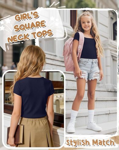 Ficerd Girls Cap Sleeve T Shirts Kids Ribbed Knit Square Neck Short Sleeve Tees Summer Slim Fit Teen Basic Tops in Kuwait
