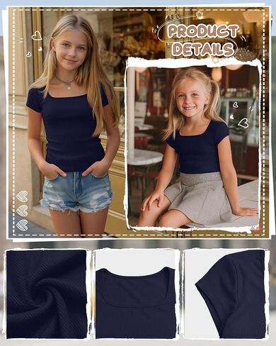 Ficerd Girls Cap Sleeve T Shirts Kids Ribbed Knit Square Neck Short Sleeve Tees Summer Slim Fit Teen Basic Tops in Kuwait