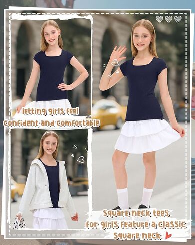 Ficerd Girls Cap Sleeve T Shirts Kids Ribbed Knit Square Neck Short Sleeve Tees Summer Slim Fit Teen Basic Tops in Kuwait
