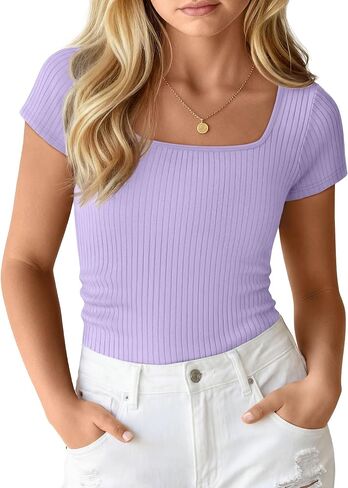 Ficerd Girls Cap Sleeve T Shirts Kids Ribbed Knit Square Neck Short Sleeve Tees Summer Slim Fit Teen Basic Tops in Kuwait