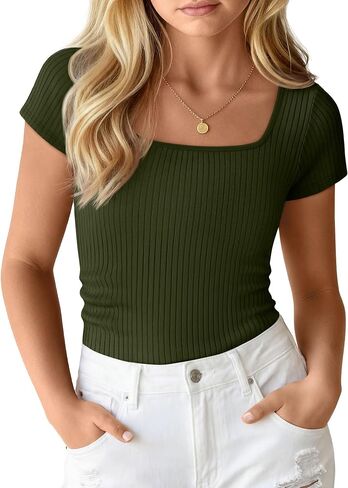 Ficerd Girls Cap Sleeve T Shirts Kids Ribbed Knit Square Neck Short Sleeve Tees Summer Slim Fit Teen Basic Tops in Kuwait